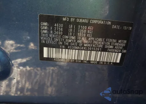 2020 Subaru Legacy Sport из США, поврежденный, VIN 4S3BWAG6XL3015261